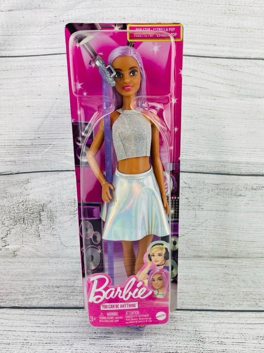 Barbie Pop Star Fashion Doll Silver Outfit Purple Hair W/ Microphone Toy - NEW
